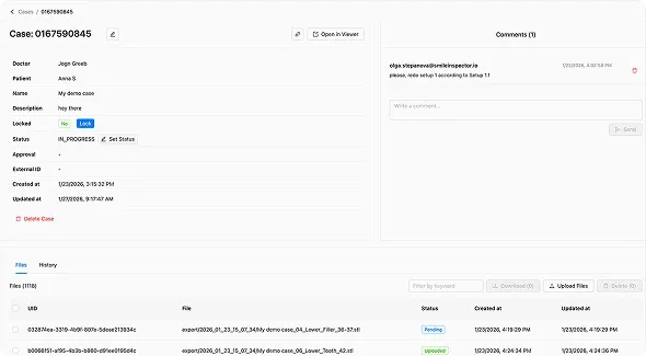 SmileInspector Portal case list with statuses and collaboration timeline