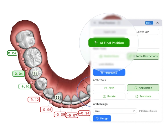 The AI Final Position button in the SmileInspector editor, beside a lower-jaw case with per-tooth movement values
