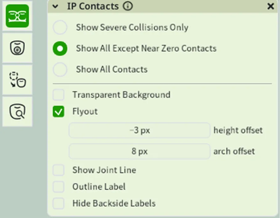 IP Contacts: Displays the interdental contacts